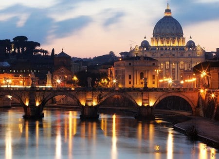 St.Peter sunset - image, photograph, cathedral, river, sunset, saint peter, picture, lights, wall, building, bridge, wallpaper