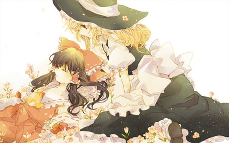 Touhou - white, blonde hair, hat, flowers, hakurei reimu, black hair, dress, kirisame marisa