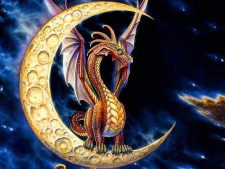 Moon Dragon - moon, sky, blue, dragon, sweet, fantasy