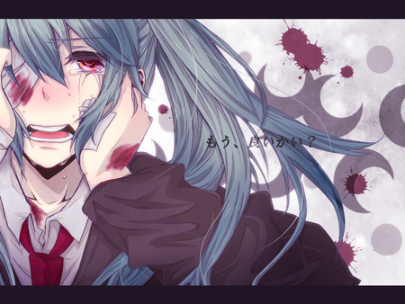 Vocaloid - tail, hatsune miku, res eyes, blood, aqua  hair