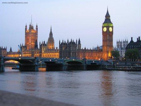 Britian's House of Parliament @ Dusk - spire, windows, trees, water, black, yellow, verticle, grey, green, clock, architecture, dusk, bridge, london, horse, blue, britian, gray, texture, lights, house of parliament