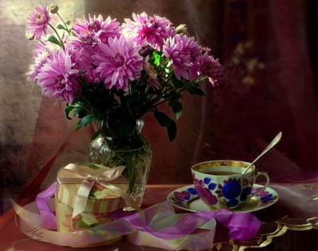 Purple Beauty - ribbon, box, teacup, flowers, spoon, vase, plate, still life