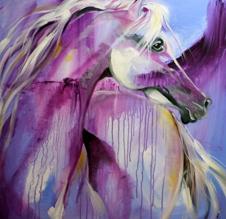 White Arabian - white, paint, purple, abstract, horse, manipulation, fantasy