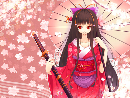 Katana Girl - anime girl, female, cherry blossom, sword, ribbon head, red eyes, umbrella, japan clothes, katana, rose, pink flowers