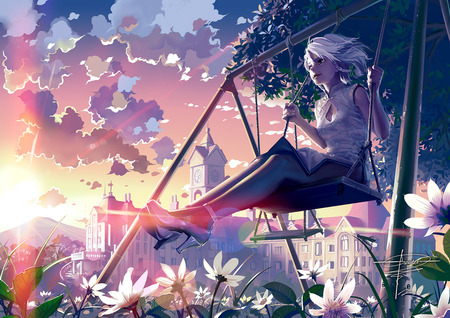 Izayoi Sakuya - clouds, anime girl, beautiful, hot, beauty, tagme, flowers, short hair, izayoi sakuya, touhou, cute, sexy, sky