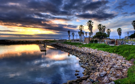 Lovely View - beauty, sky, trees, peaceful, sunset, view, lanterns, reflection, lantern, clouds, green, grass, ocean, summer, lovely, nature, pier, blue, beautiful, splendor, stones, colors, sunrise, sea, lights