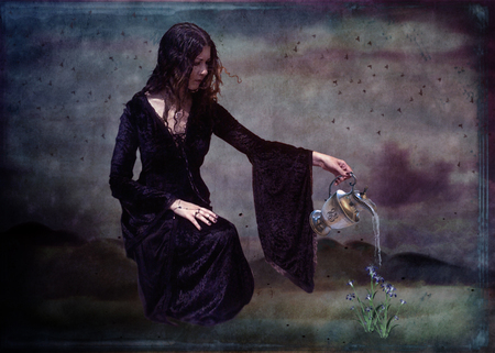 Good care... - abstract, water, girl, flowers, black, care, lady, digital, art, good