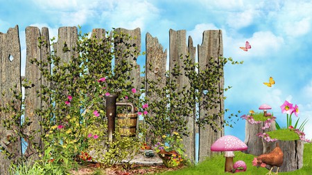 A Fairy Garden - clouds, chicken, summer, butterflies, grass, firefox persona, fantasy, ivy, water pump, vintage, stumps, mushrooms, sky