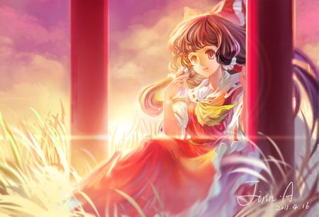 Hakurei Reimu - beauty, girl, video game, sunset, hakurei reimu, torii, touhou, miko, game, anime, dress