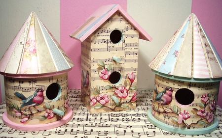 birds houses - houses, vintage, music, painted, still life, birds