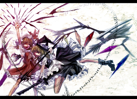 Flandre Scarlet, Kirisame Marisa - flandre scarlet, girl, video game, wings, dangerous, touhou, game, broom, anime, kirisame marisa