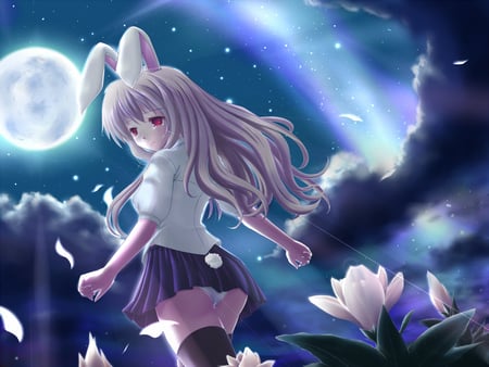 Inaba - moon, game, anime, girl, night, reisen udongein inaba, touhou, bunny girl, video game