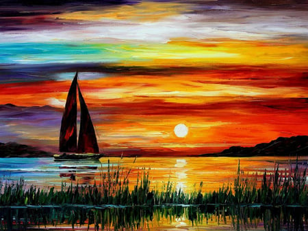 colorfull sunsets - sky, kano, colorfull, nature, art, amazing, reflection, beautiful, sunsets, color, boat