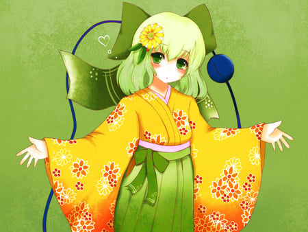 Koishi wearing kimono - girl, eye, komeiji koishi, japanese dress, touhou, koishi, game, kimono, green hair