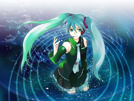 Hatsune Miku - tie, pretty, artistic, light, uniform, space, headphones, nice, program, thighhighs, beauty, virtual, cg, white, green, cute, aqua eyes, song, vocaloid, anime, twintail, hatsune miku, stars, microphone, music, aqua, art, sky, idol, clouds, anime girl, skirt, water, beautiful, singer, girl, cool, black, glow, miku, awesome, diva, digital, waves, aqua hair, hatsune, vocaloids, headset