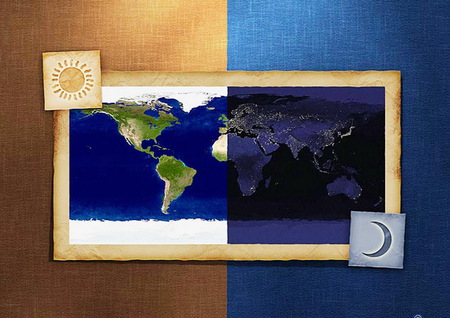 Day and night - moon, sun, day, night, continents, grafic