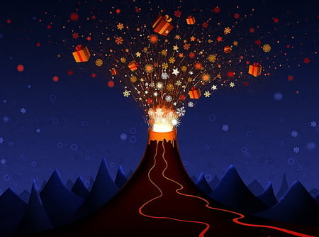 Volcano of gifts - volcano, stars, night, mountains, gifts, lights