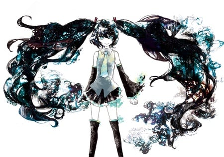 Hatsune Miku - aqua, music, anime girl, black hair, white, art, cool, aqua eyes, artistic, hatsune miku, skirt, song, vocaloids, program, vocaloid, beautiful, uniform, diva, nice, beauty, twintail, singer, aqua hair, black, virtual, painting, pretty, idol, anime, miku, cute, girl, drawing, cg, hatsune, tie, digital, awesome, gray, black eyes