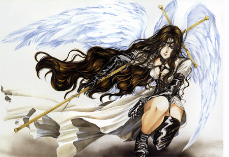 Alexia - female, thigh highs, lone, angel, wings, anime girl, brown hair, white background, pretty, rl, anime, girl, blue eyes, long hair, alexia, angel sanctuary, weapon, angel wings