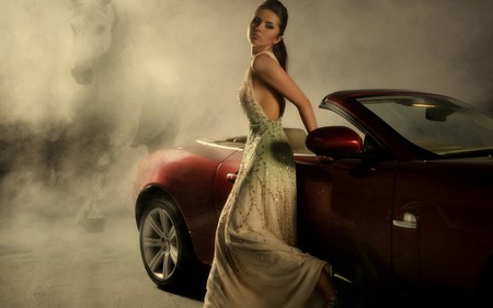 Foggy Night - car, convertible, elegant, woman, dress