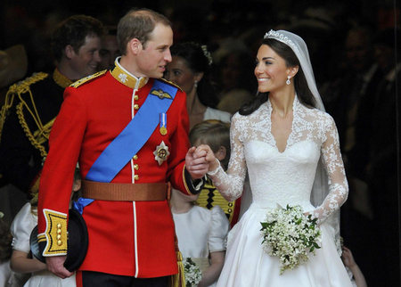 William & Catherine - royals, married, beautiful, red, dress, wedding, lace, love