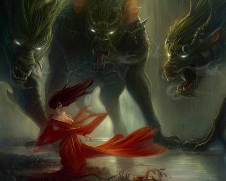 Giant werewolfs attack girl in red - girl, night, water, attack, werewolf, giant, red dress, forest, dark