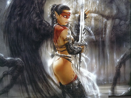 Black Wings of Fury - black, warrior, wings, girl, sword, angel, cool, dark