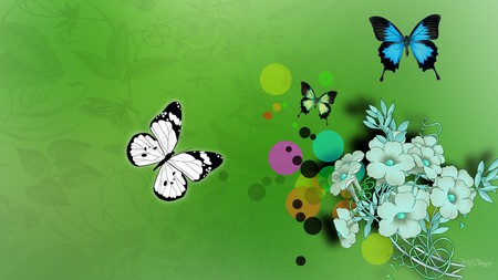 Butterfly Bonanza on Green - butterflies, butterfly, firefox persona, flowers, circle, gradient, green