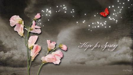 Hope for Spring - butterfly trails, sky, spring, dark, clouds, grunge, flowers, firefox persona, butterflies