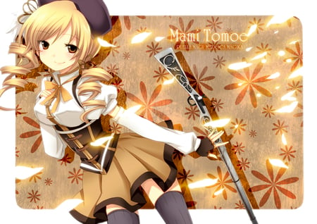 Tomoe Mami - mahou shoujo madoka magica, tomoe mami, anime, gun, beauty, blonde hair, weapon