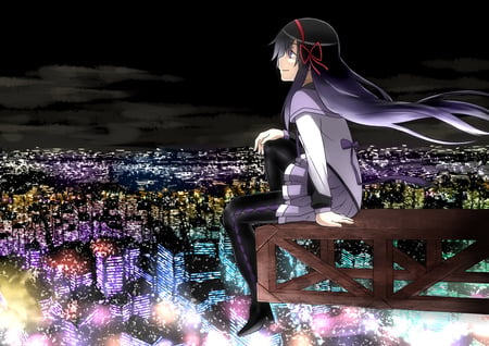 Akemi Homura - mahou shoujo madoka magica, akemi homura, anime, beauty, city, night