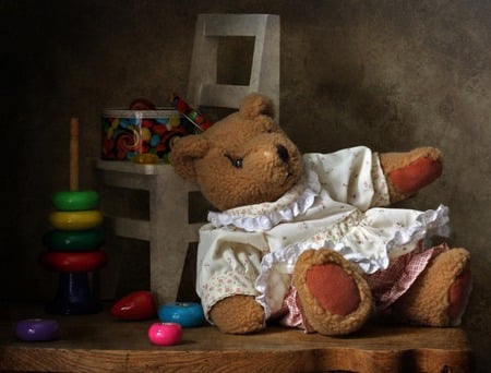 Teddy Days - toys, teddy bear, table, still life, chair