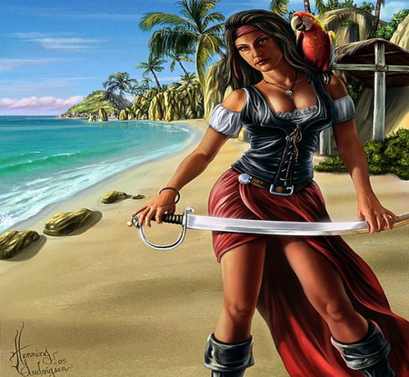 Pirate - abstract, fantasy, pirate, girl, island, beauty, ocean, parrot