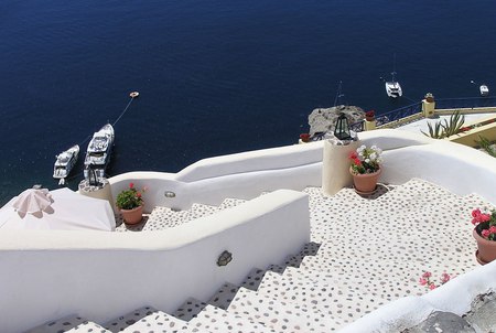 Oia stairs - santorini, blue sea, stairs, white, greece, oia