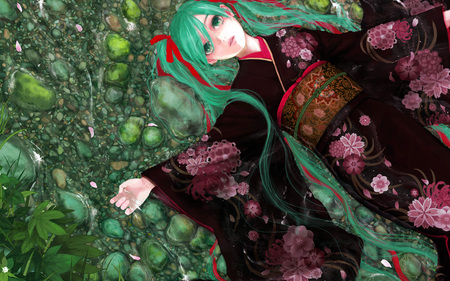 Hatsune Miku - beauty, hatsune miku, sexy, girl, headset, twintail, hatsune, cool, pretty, vocaloid, beautiful, anime, miku, kimono, green hair