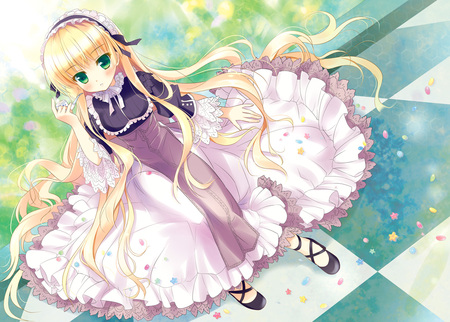 Gosick - victorique de broix, ameto yuki, long hair, blonde hair, green eyes, gosick, dress