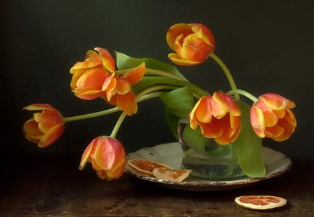 Orange tulips - beautiful, orange, tulips, fruits pieces, vase