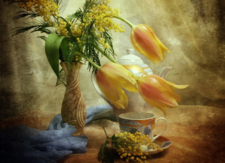 tea and flowers - vase, tulips, cup of tea, yellow, aromos, little, orange