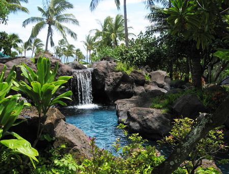 Waterfall - summer, blue, exotic, plants, place, sky, clouds, palms, water, stones, fall, tropics, nature, waterfall, tropical, pool, rocks