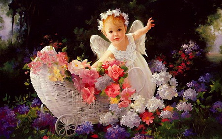 An Angel for Glyn - child, roses, flowers, dedication, carriage, colors, angel