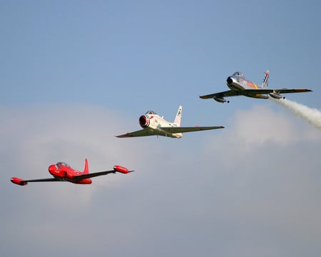 Shooting Star, Fury, and Sabre in Flight - north, jet, lockheed, american, plane, t33, aircraft, f86, star, sabre, fury, fj3, shooting