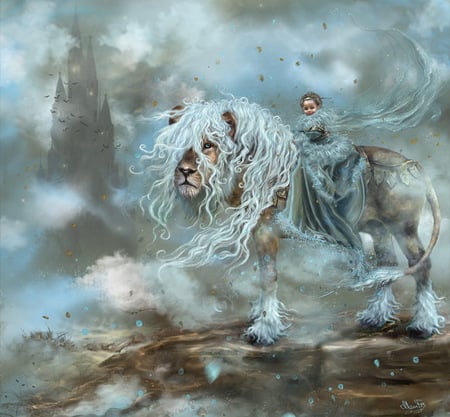 Dreamland - child, fantasy, fog, castle, abstract, lion