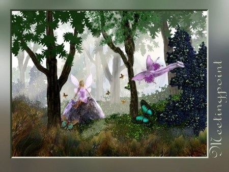 Angel and the forest - fog, angel, butterflies, tress