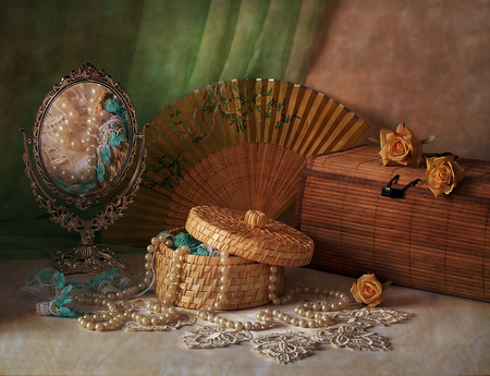 still life - pretty, elegantly, roses, jewels, reflection, gentle, flowers, transmission, mirror, nice, pearls, beautiful, photography, fan, lace, lovely, cool, still life, feminine, flower, harmony, rose