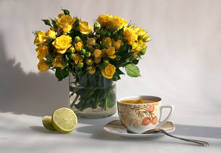 still life - nice, roses, photography, bouquet, rose, still life, pretty, yellow, cool, harmony, drink, tea, lovely, fruit, vase, cup, lemon, beautiful, flowers, photo, elegantly, flower