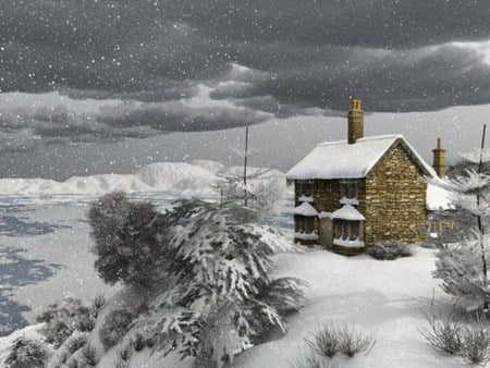 in-the-black-mid-winter - house, trees, winter, iceland