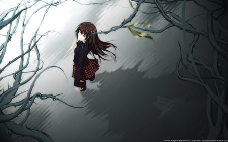 Regrets - miki sugina, anime, mangaka, water, school, girl, night, forest, long hair, uniform, black hair, blue eyes