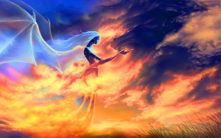 Fairy of the sky - clouds, blue, sunset clouds, fairy, orange, sky