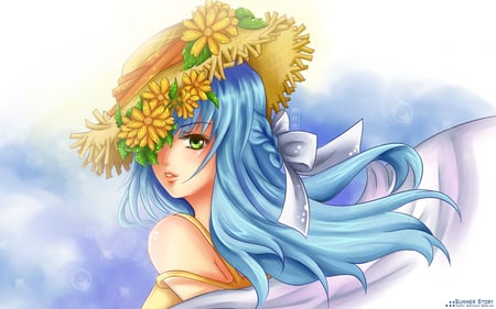 Summer story - hat, pretty, anime, beautiful, girl, green eyes, flowers, wind, blue hair