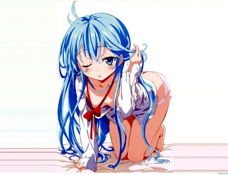 blush - cute, clush, on hands nees, shirt, hot, anime, girl, wink, underwear, long blue hair